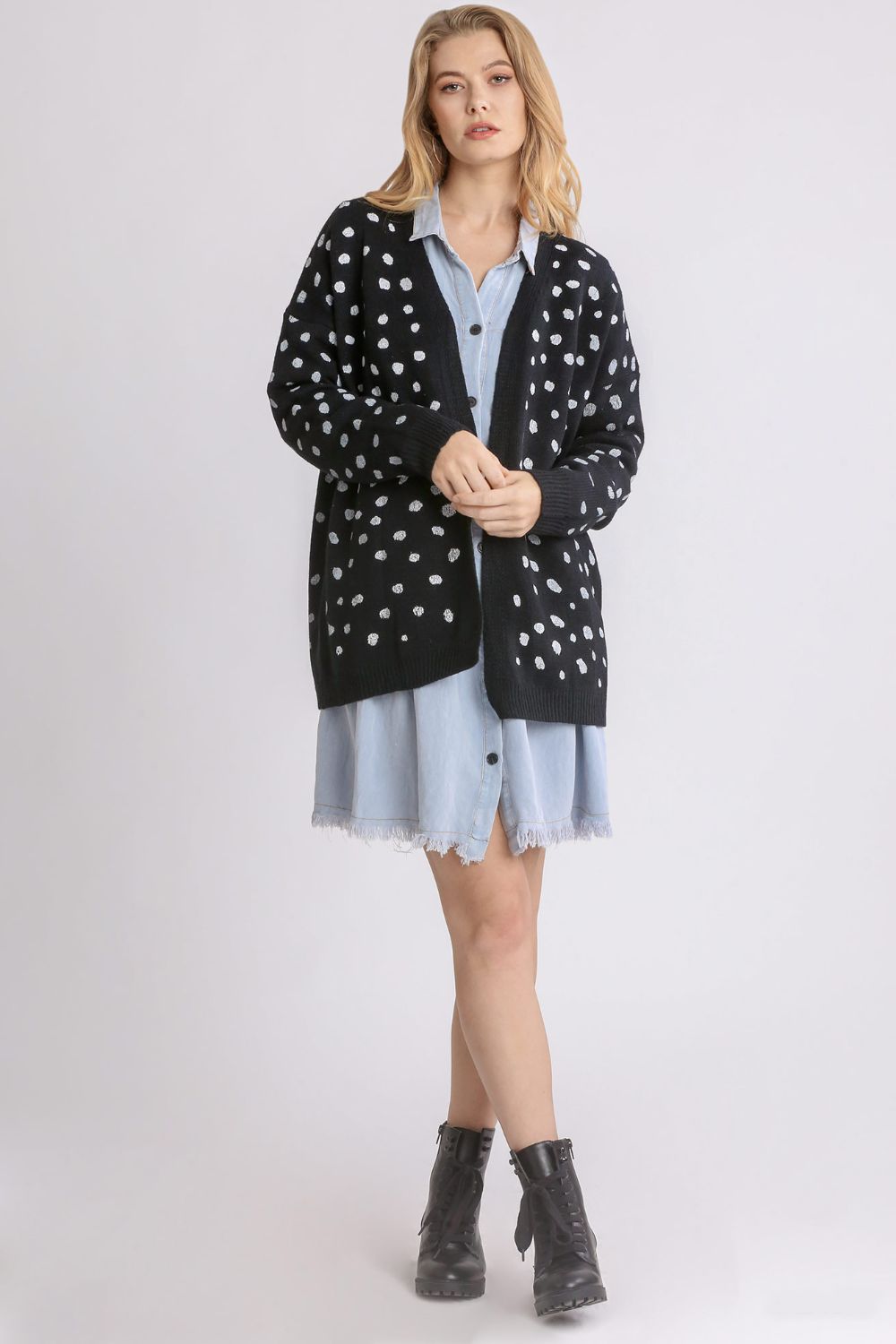 Umgee USA Polka Dot Knit Black Cardigan Open Front Long Sleeve Sweater