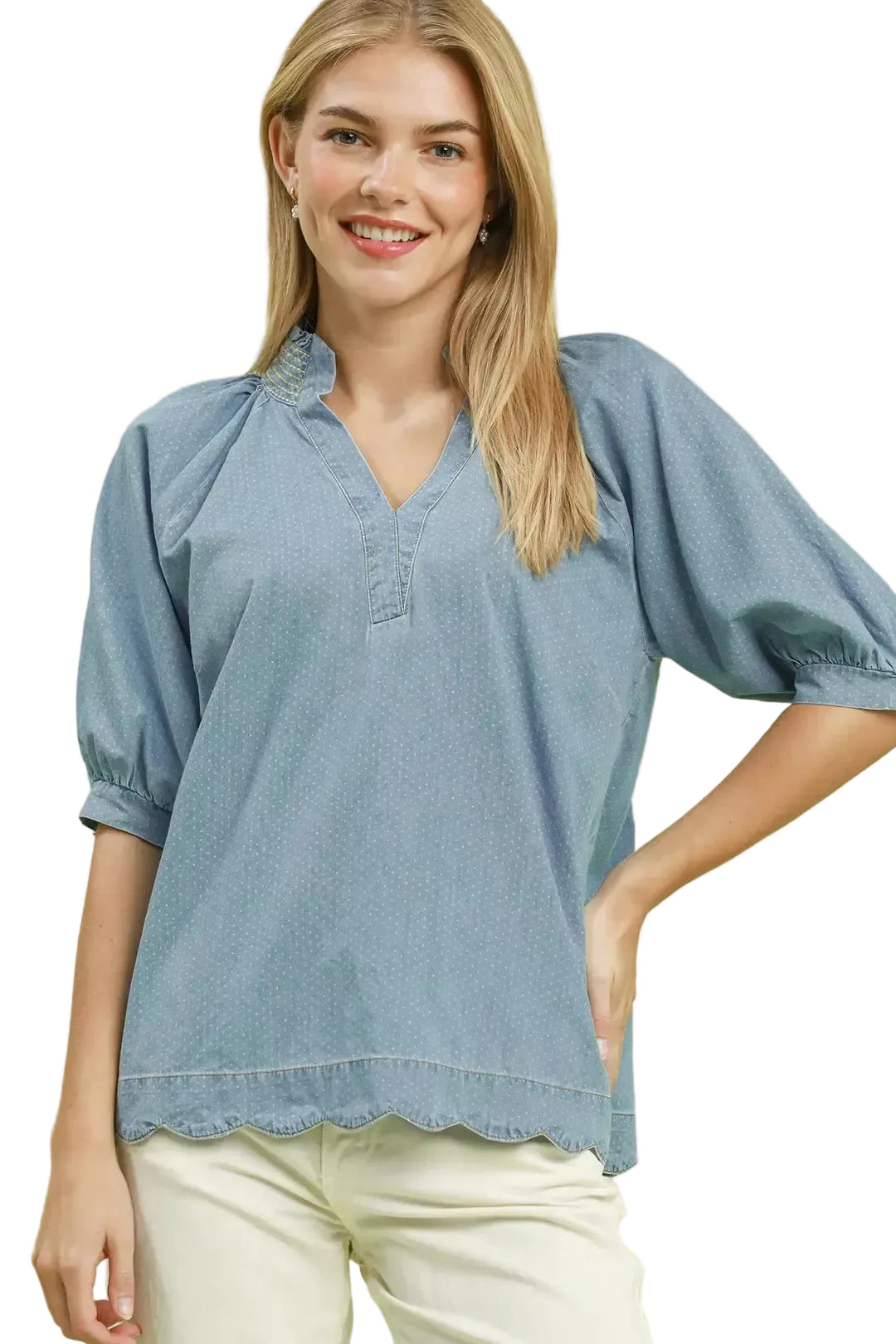 UmgeeTexturedBlouseLightDenimBlueV-NeckPuffSleeveScallopHemTop
