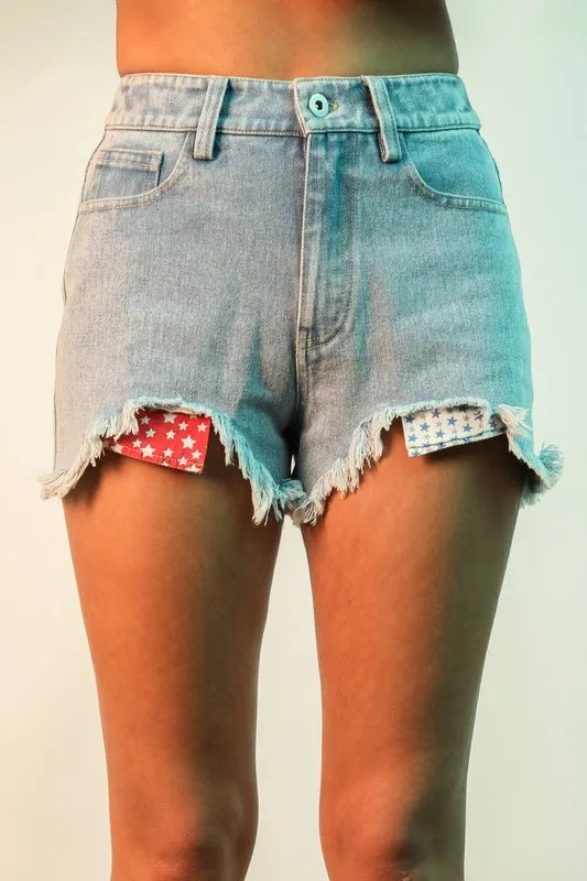 VERY J Denim Shorts Light Blue Raw Hem Pocketed Contrast Washed