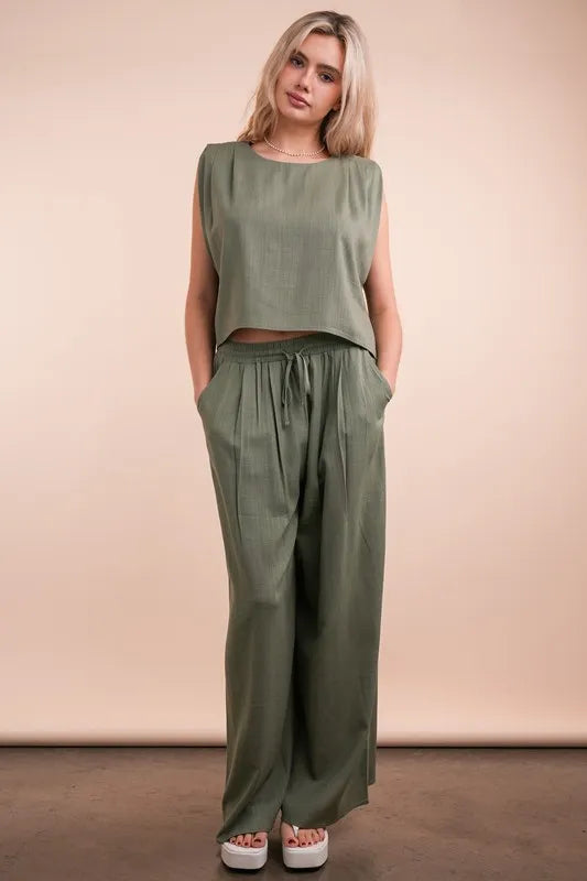 VERY J Outfit Set Olive Woven Top & High Waisted Pants Pocketed 2 Pcs Olive