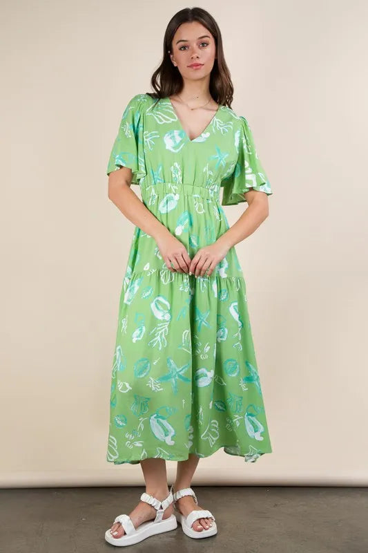VERY J Midi Dress Sage Green Summer Resort Printed V-Neck Ruffle Short Sleeve Sage