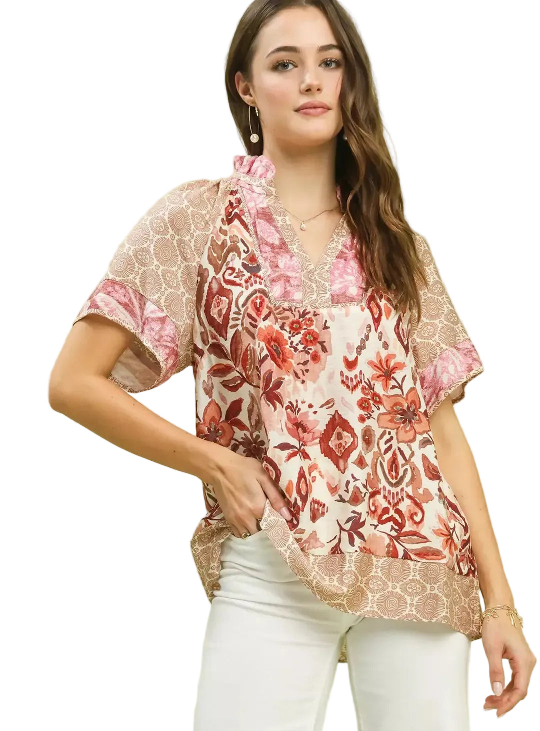 UmgeeFloralLooseBlouseRoseMixedPrintV-NeckShortSleeveCasualTop