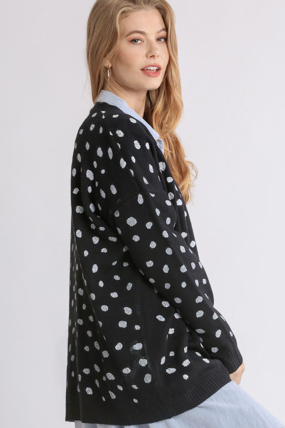 Umgee USA Polka Dot Knit Black Cardigan Open Front Long Sleeve Sweater