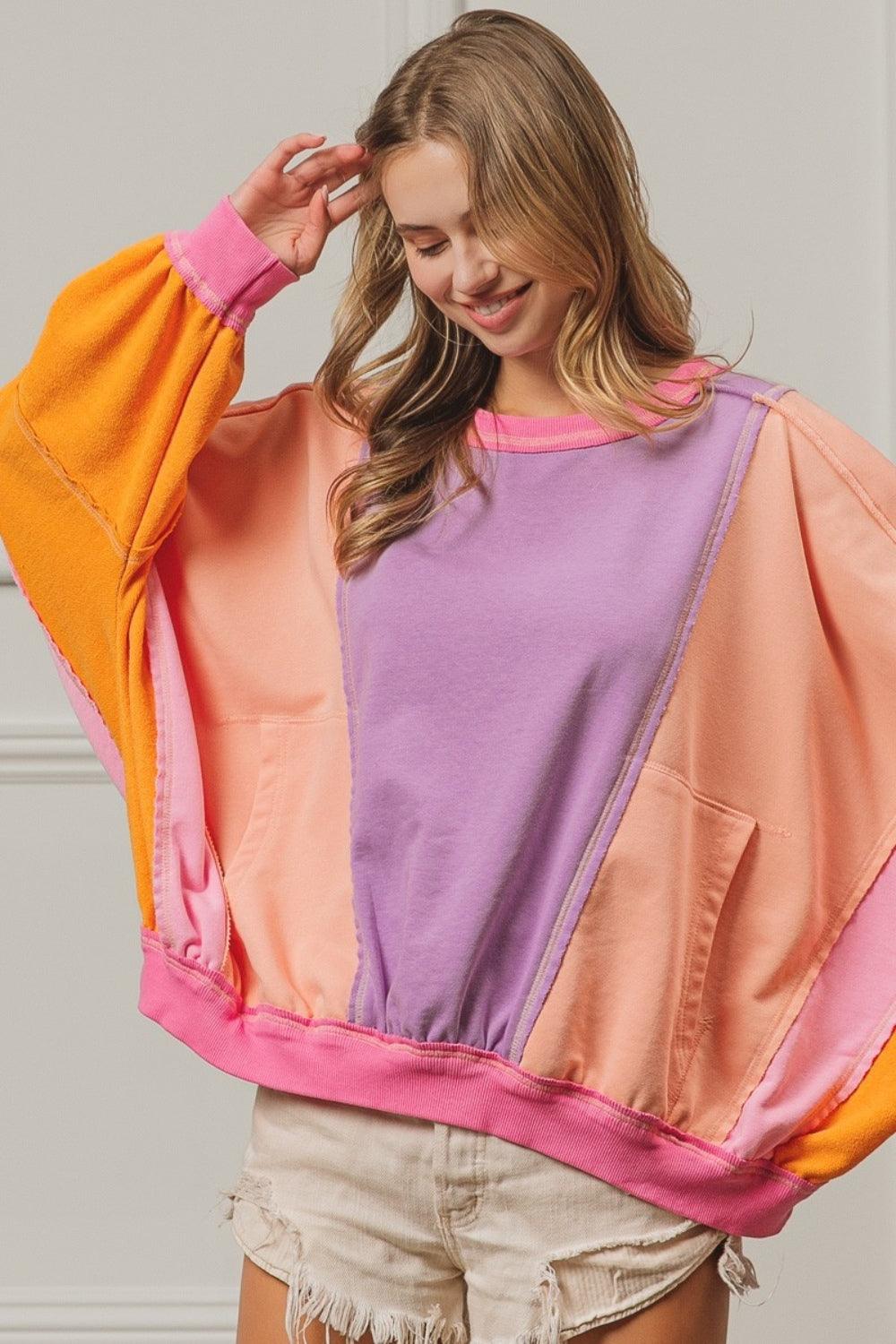 Sweatshirt Color Block Exposed Seam with Pockets