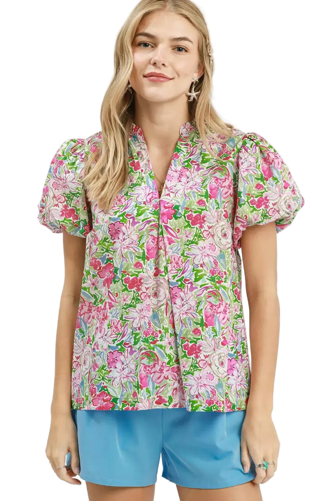 UmgeeCottonFloralBlousePinkMixCasualShortPuffSleeveTop