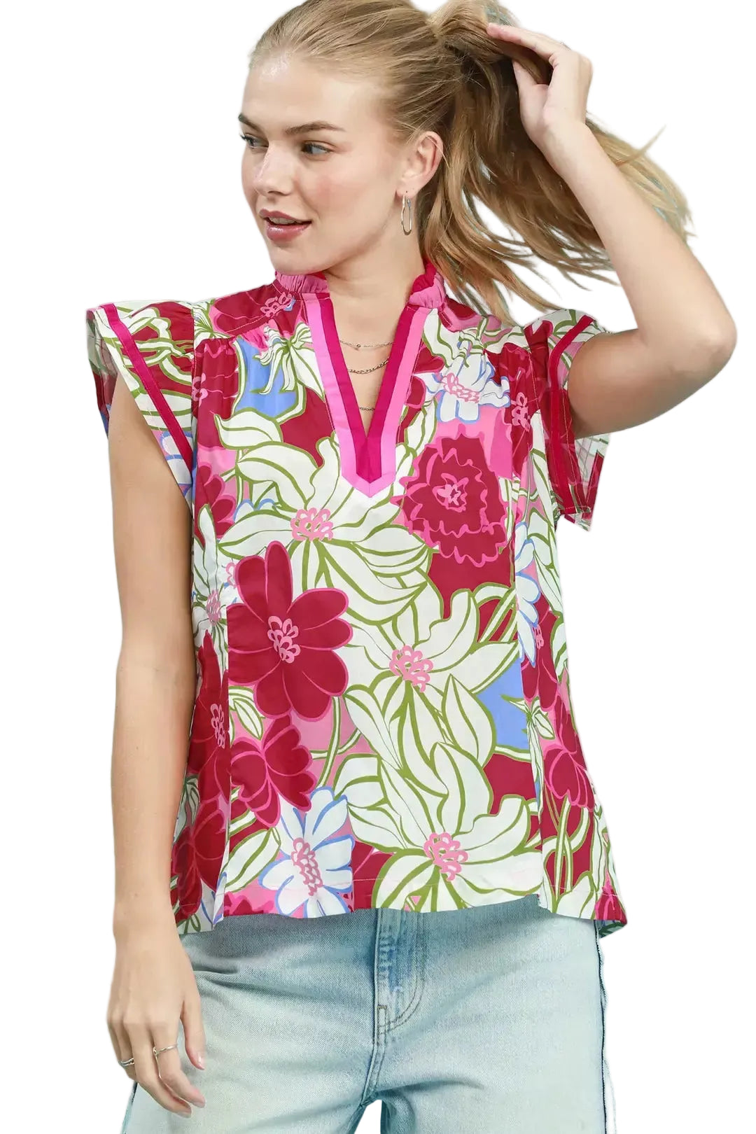 UmgeeCottonBlousePinkMixBoldFloralV-NeckTrimFlutterShortSleeveTop