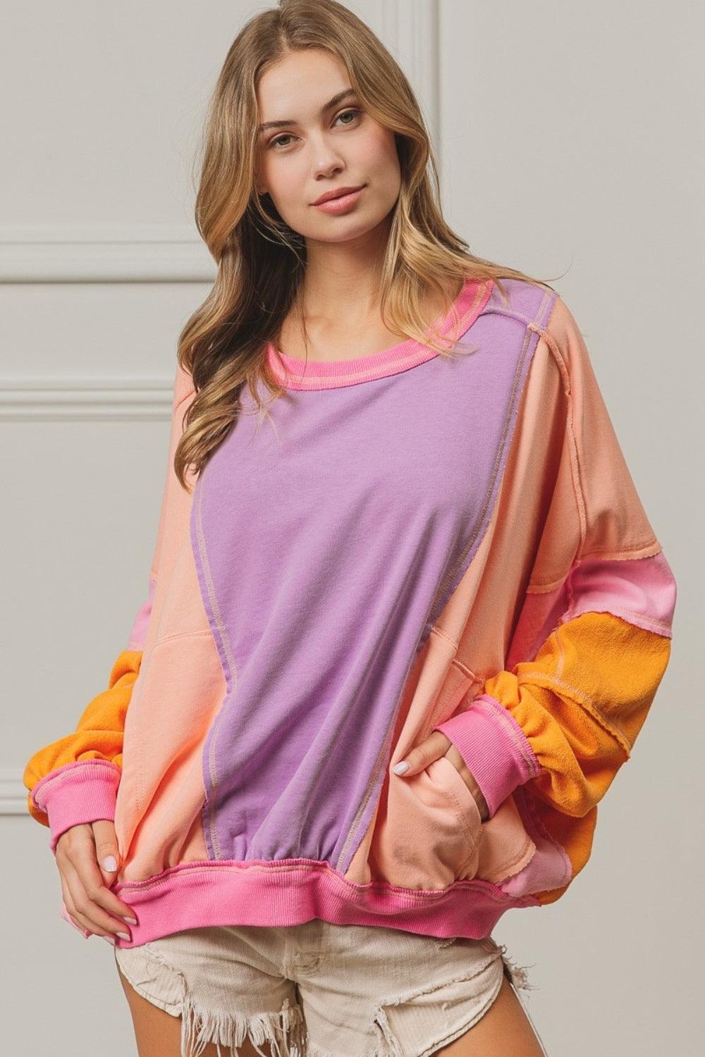Sweatshirt Color Block Exposed Seam with Pockets Lavender Peach Fuchsia