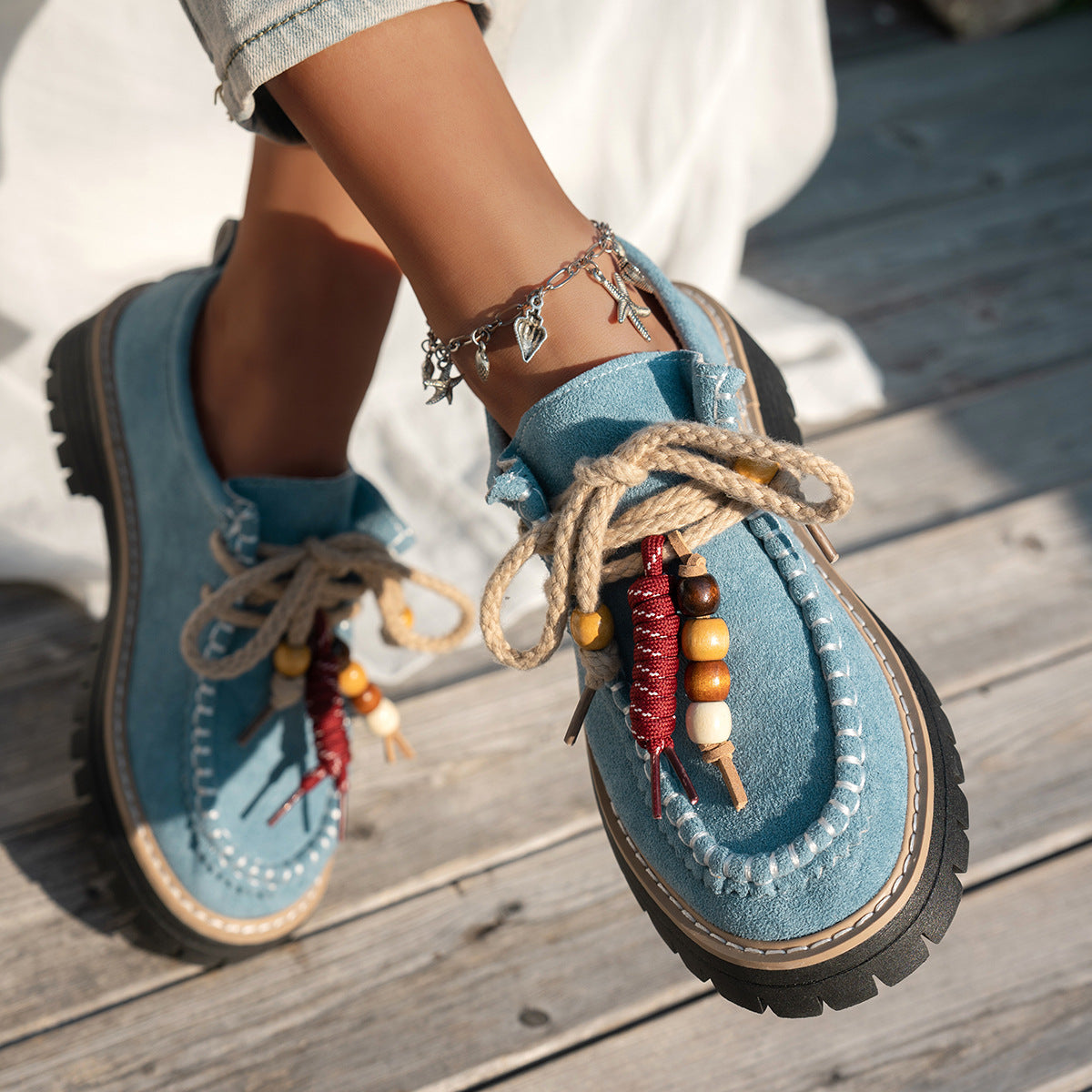 WomenBeadedLaceUpLoafersCasualFlatShoesVintageComfortMoccasins