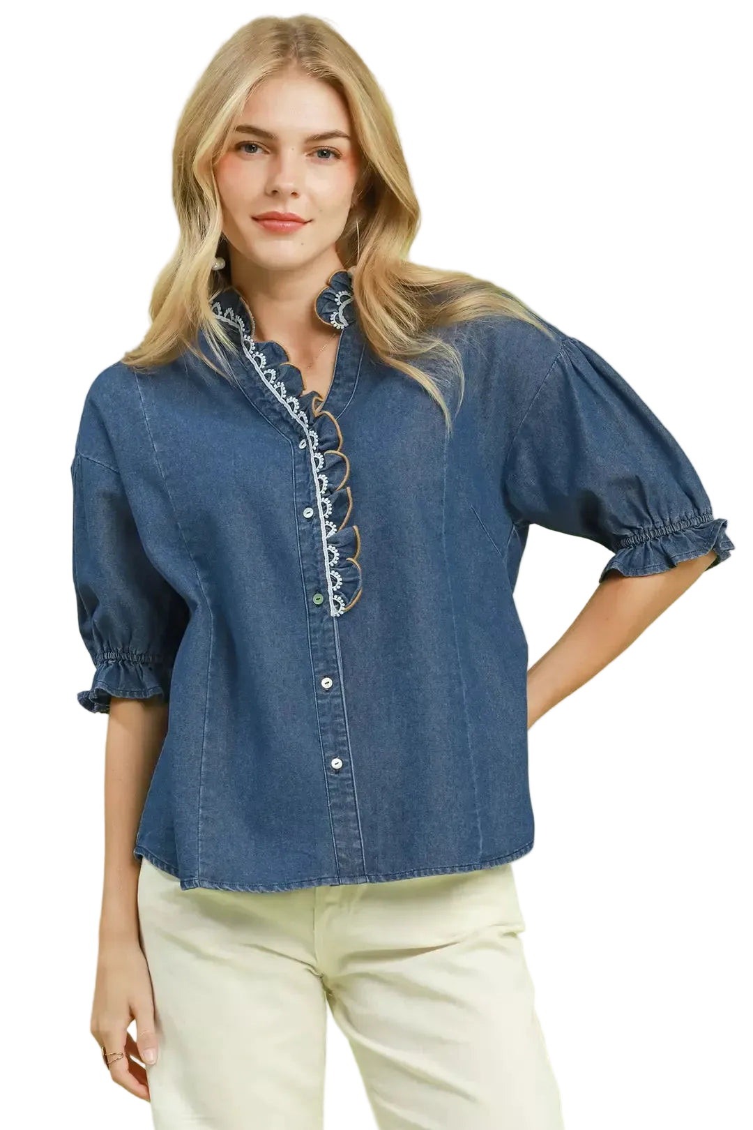 UmgeeDenimBlouseFloralLaceTrimRuffleScallopedButtonNeckShortSleeve
