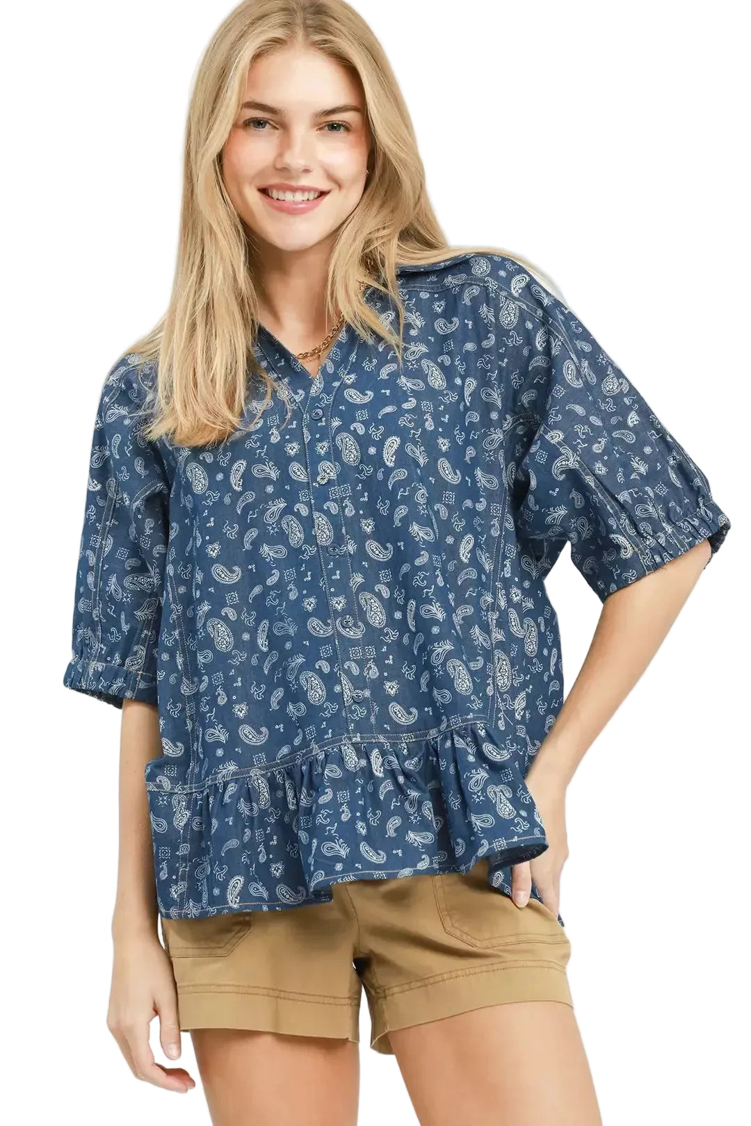 UmgeeDenimBlousePaisleyPrintButtonedRuffleShortSleeveCasualTop
