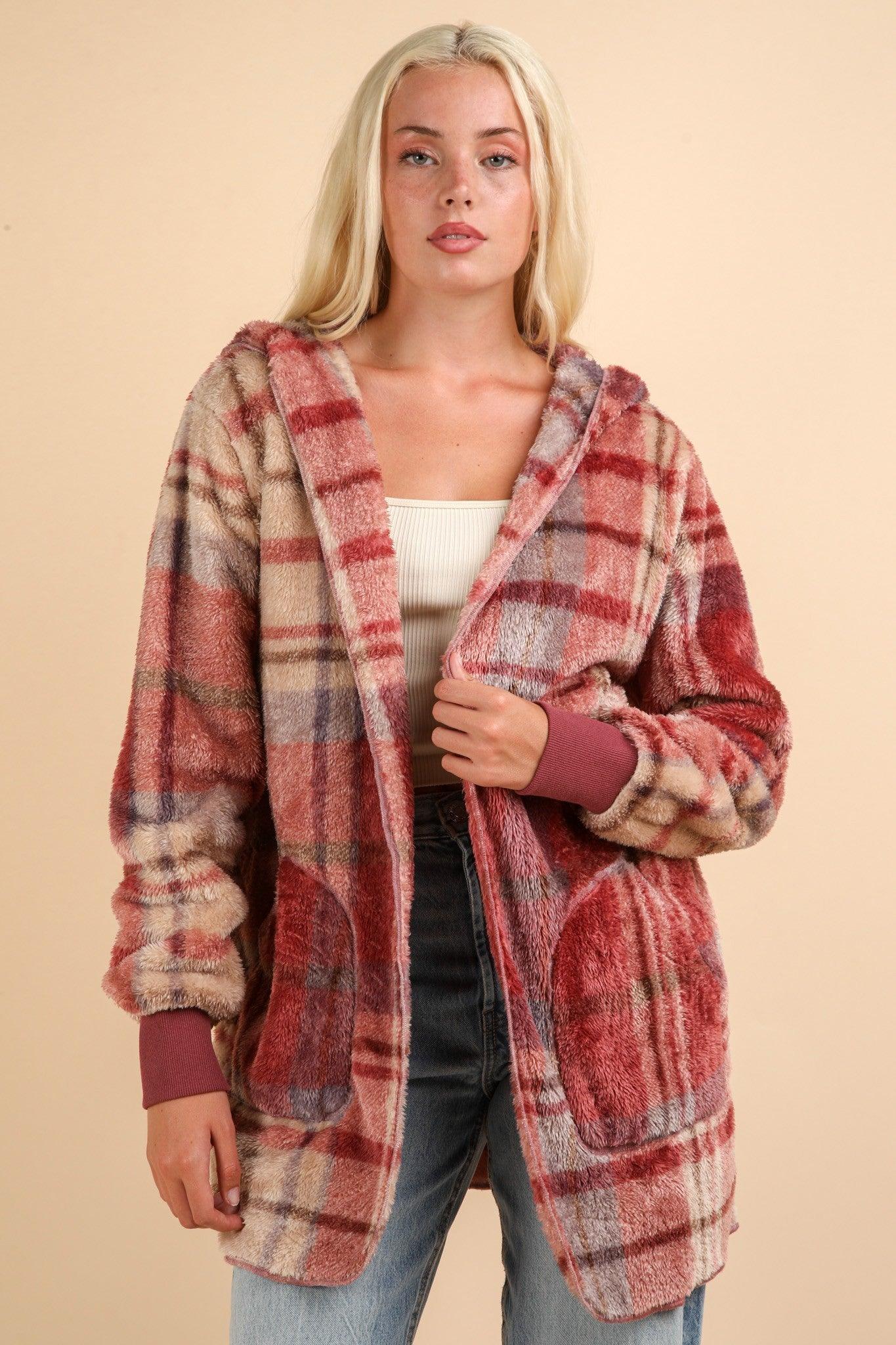 VERY J Fuzzy Plaid Long Sleeve Hooded Jacket Open Pocketed Mauve Mix