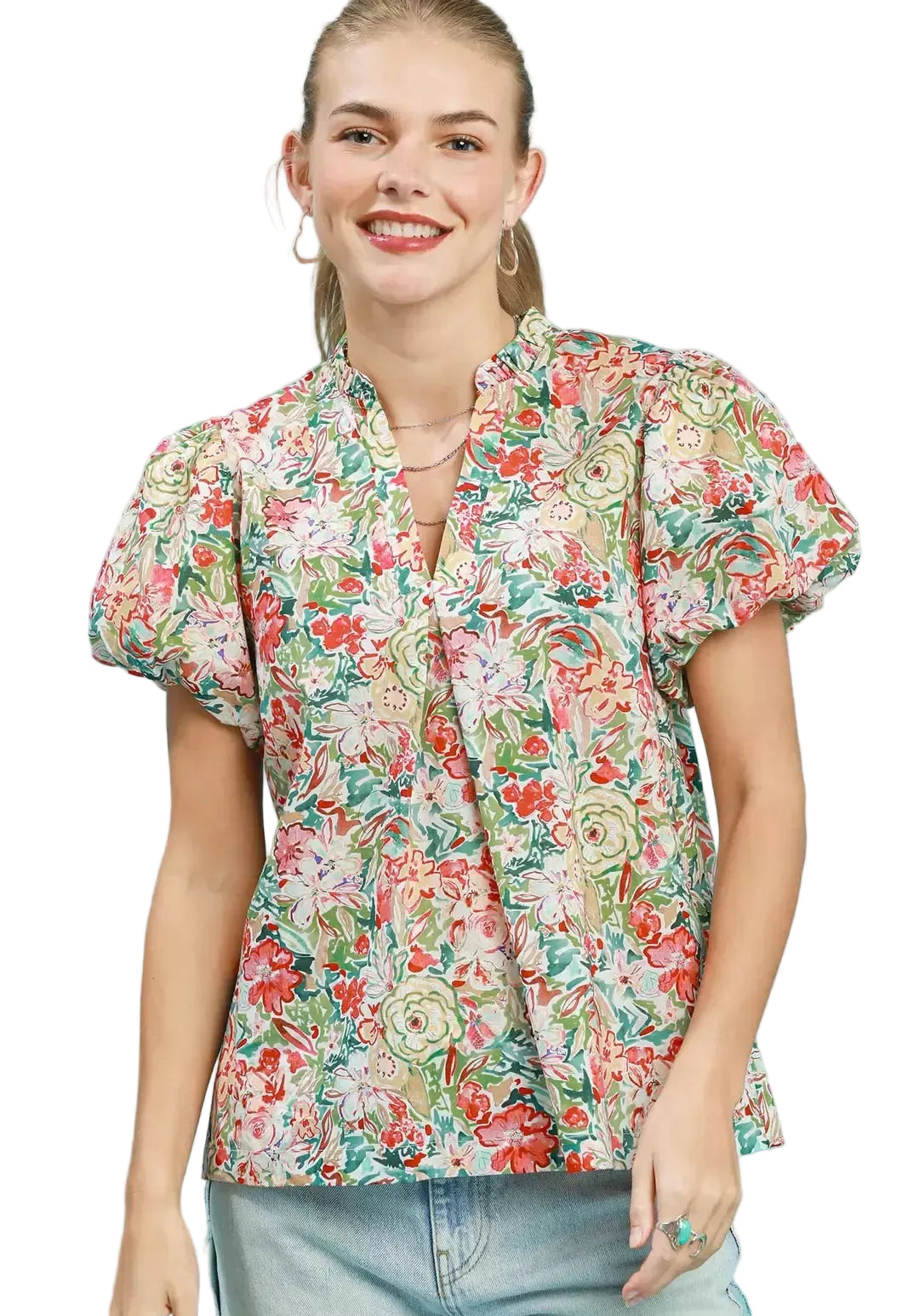 UmgeeCottonFloralBlouseCoralMixV-neckRuffleShortPuffSleeveTop