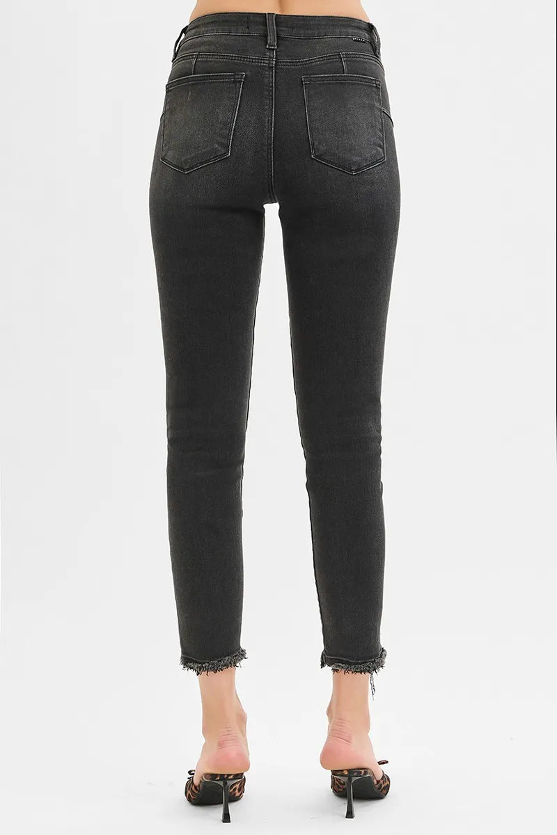 RISEN Crop Skinny Jeans Black Women's Tummy Control Mid Rise Raw Hem