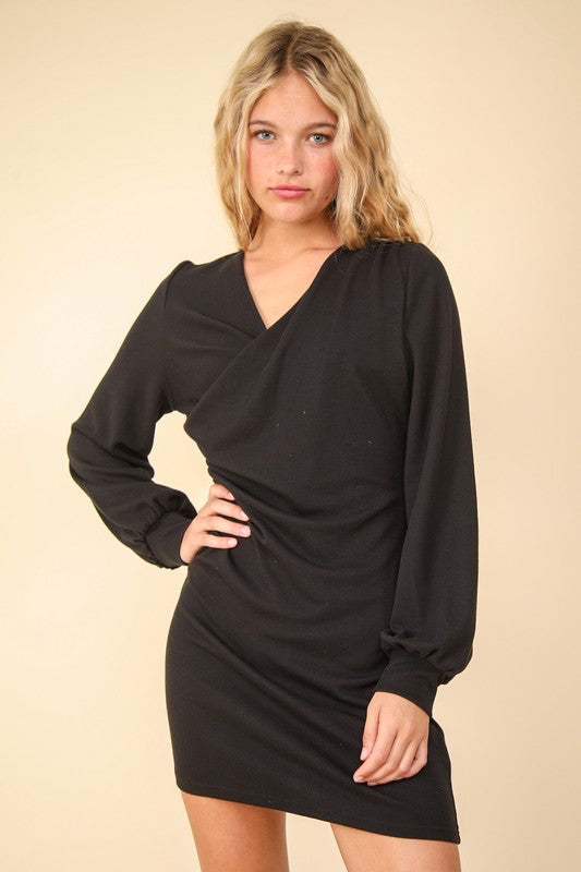 VERY J Mini Dress Black Ruched V Neck Dropped Bodycon Long Sleeve Black