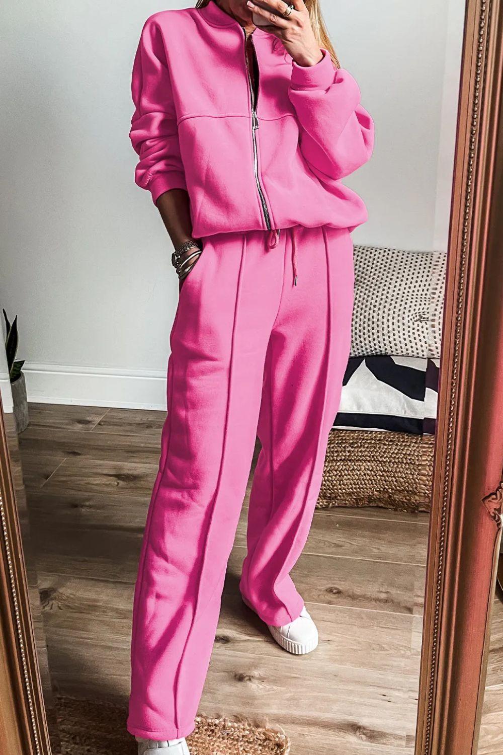 Outfit Set Zip Up Long Sleeve Top and Pants Set Fuchsia Pink
