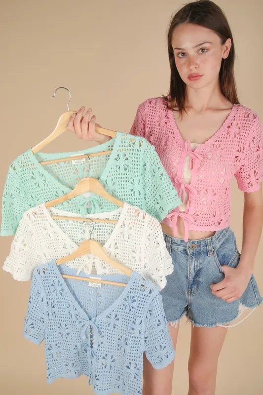 VERY J Crop Top Crochet Pink Front Tie Openwork Knit Short Sleeve