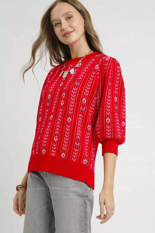 Umgee Women's Sweater Red Jacquard Knit Puff 3/4 Sleeve Pullover