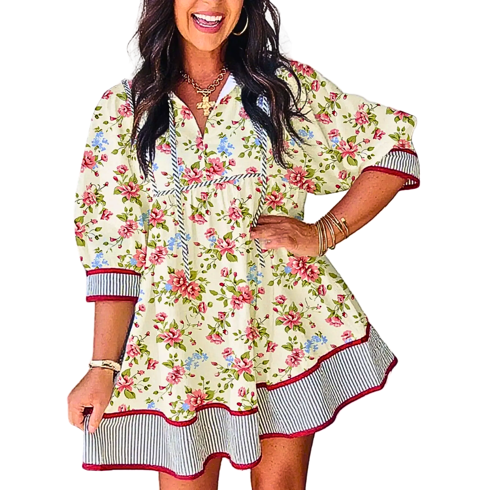 FloralBabydollMiniDressStripedTrim3/4SleevePuffSleeveLooseCottonSummer