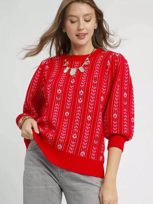 Umgee Women's Sweater Red Jacquard Knit Puff 3/4 Sleeve Pullover Red