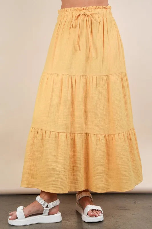 VERY J Maxi Skirt Yellow Ruffle Layered Elastic High Waist Tiered Yellow