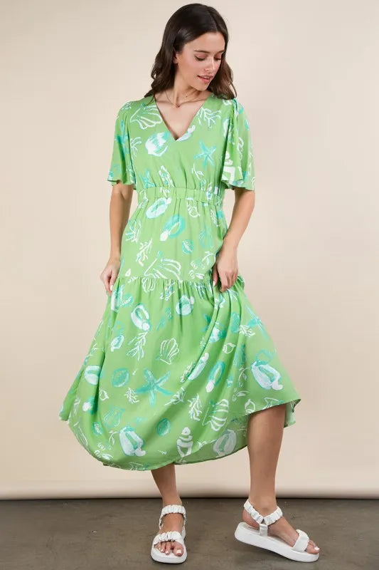 VERY J Midi Dress Sage Green Summer Resort Printed V-Neck Ruffle Short Sleeve