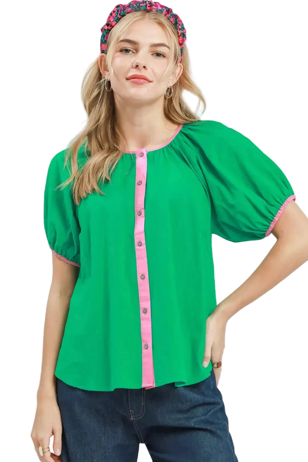 UmgeeCottonBlouseGreenContrastPinkTrimButtonFrontPuffShortSleeveTop