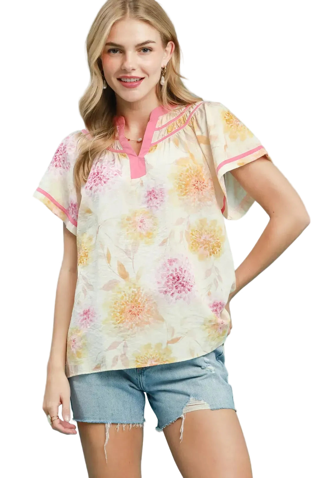 UmgeeFloralBlouseCottonBlendCoralMixPrintRuffleShortSleeveTop