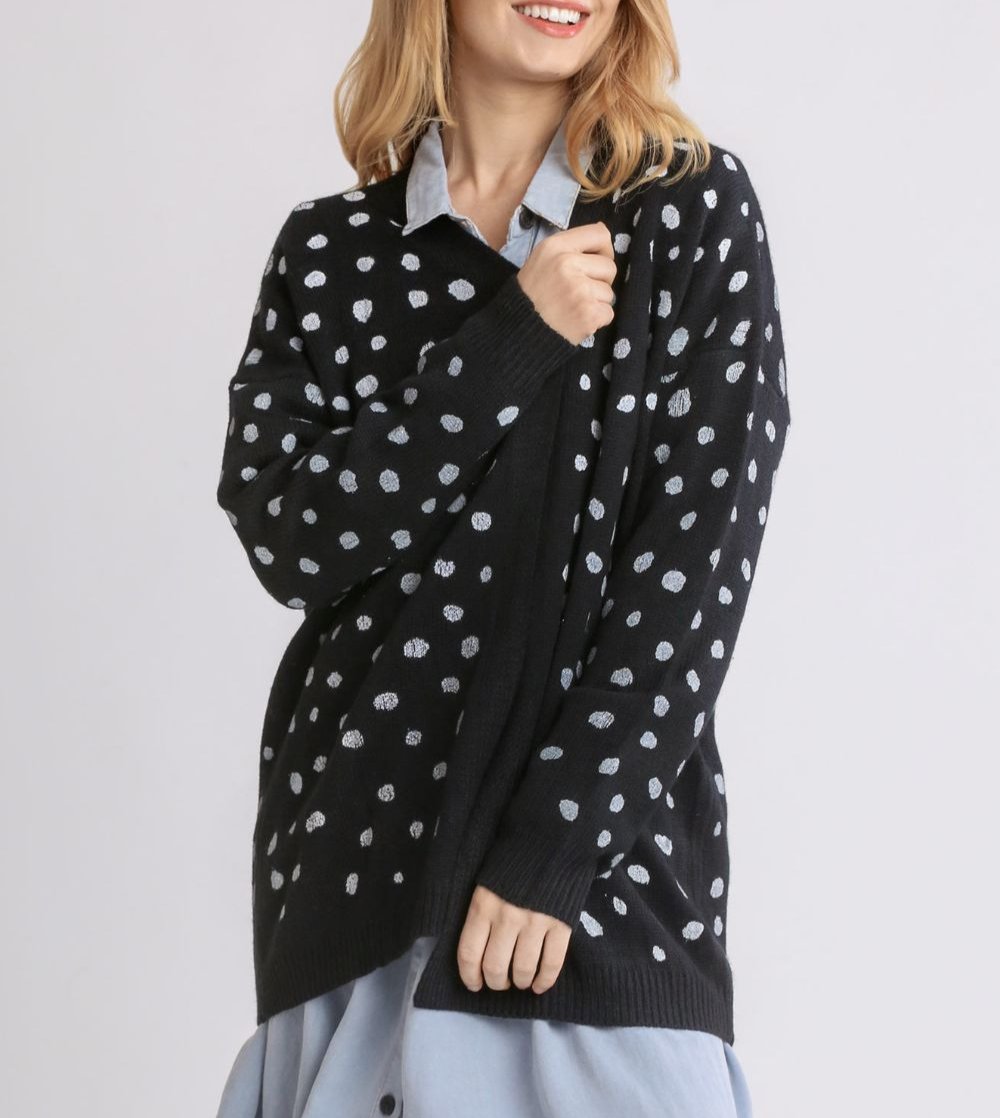 Umgee USA Polka Dot Knit Black Cardigan Open Front Long Sleeve Sweater Black