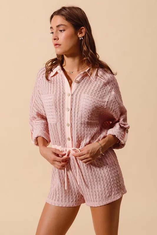 SO ME Romper Textured Knit Dusty Pink Button Front Drawstring Waist