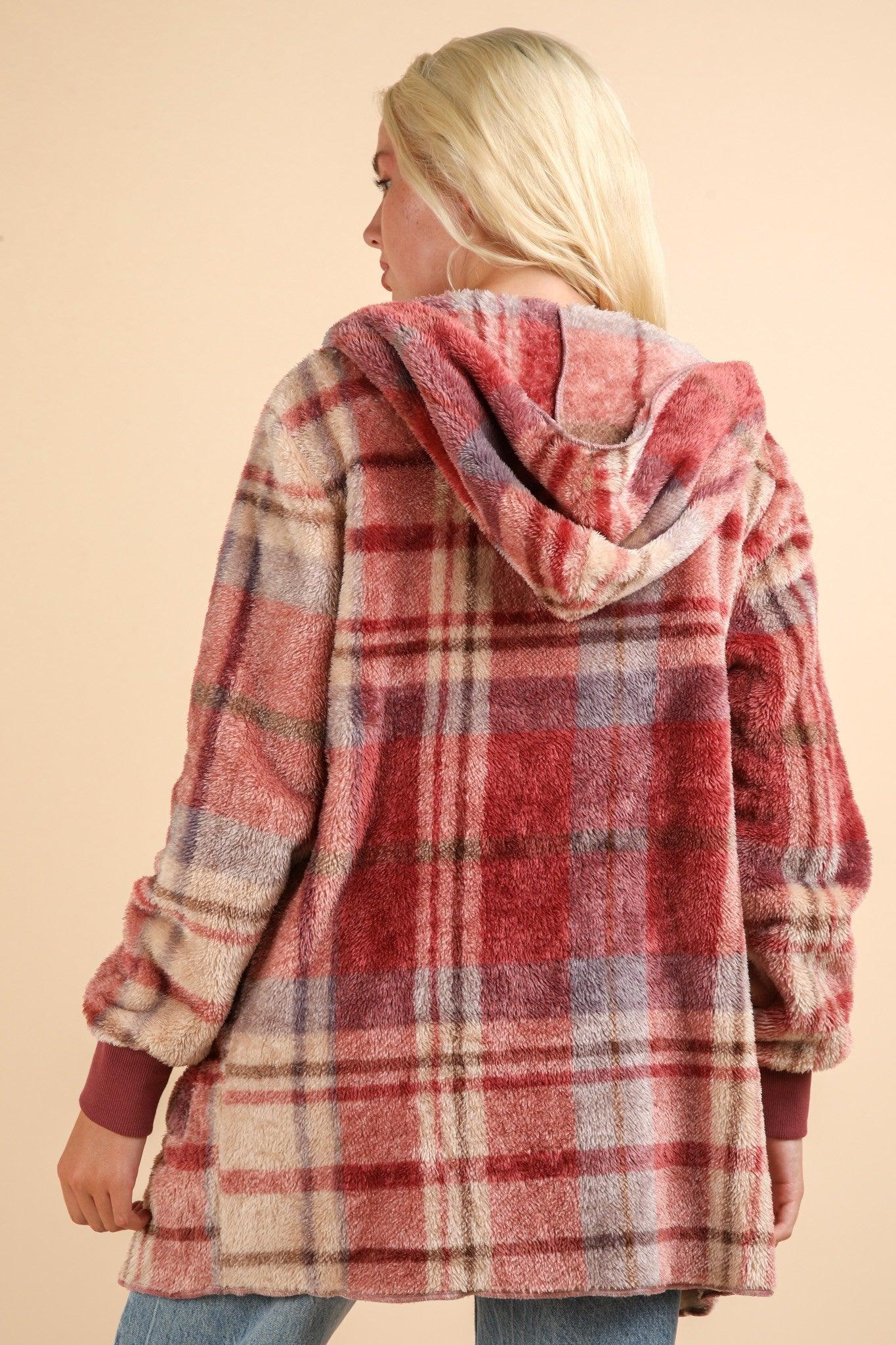 VERY J Fuzzy Plaid Long Sleeve Hooded Jacket Open Pocketed