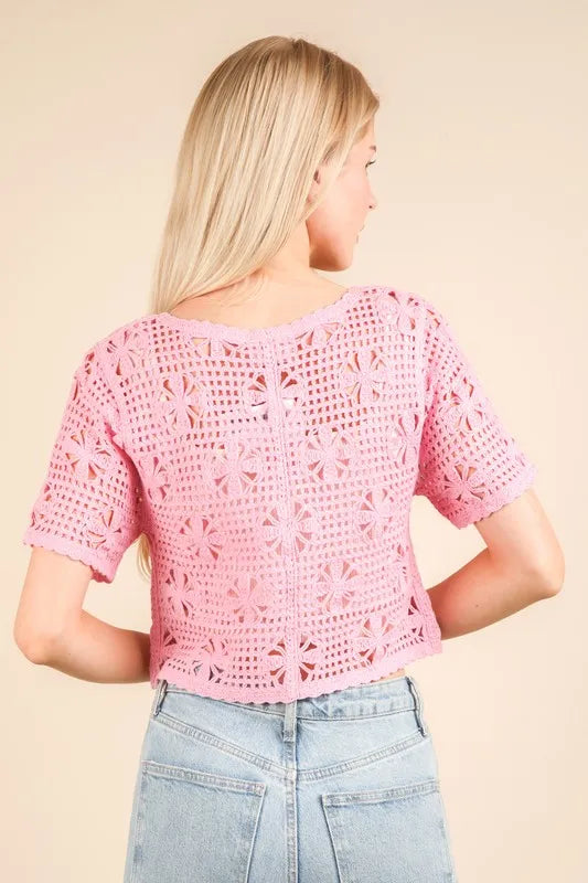VERY J Crop Top Crochet Pink Front Tie Openwork Knit Short Sleeve