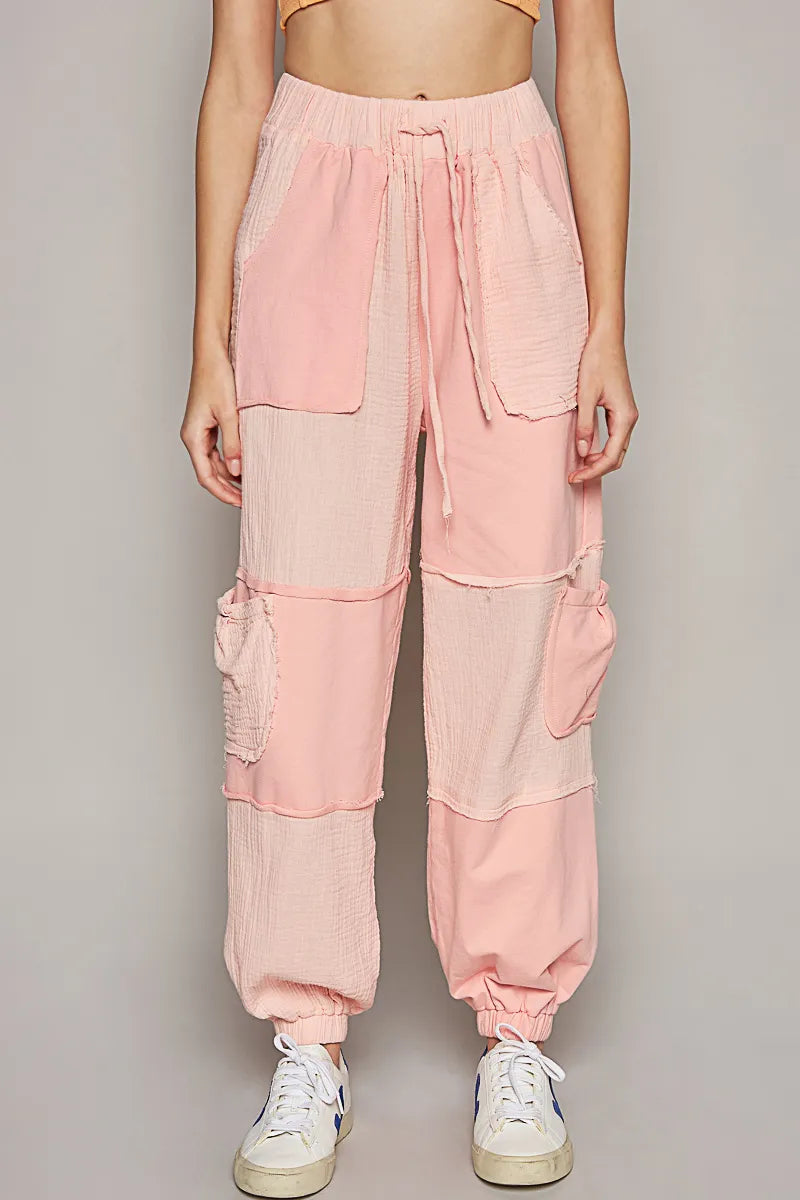 POL Jogger Pants Blush Pink Cotton Drawstring Pocketed Contrast Seams Blush Pink