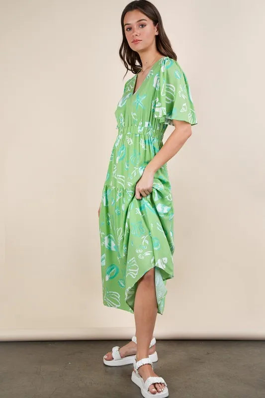 VERY J Midi Dress Sage Green Summer Resort Printed V-Neck Ruffle Short Sleeve
