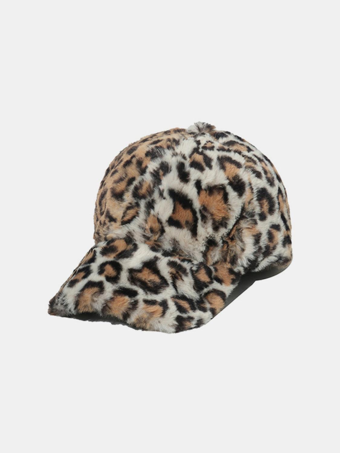 Fuzzy Baseball Cap Leopard Soft Acrylic Khaki One Size