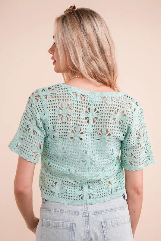 VERY J Crop Top Crochet Mint Front Tie Openwork Knit Short Sleeve
