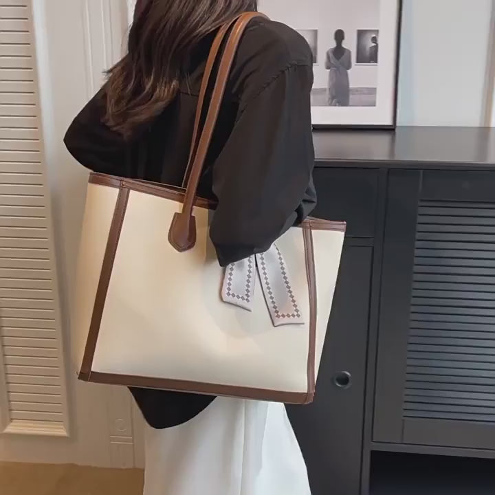 ContrastTrimToteBagLargeWomenShoulderHandbagCasualFashionShopper