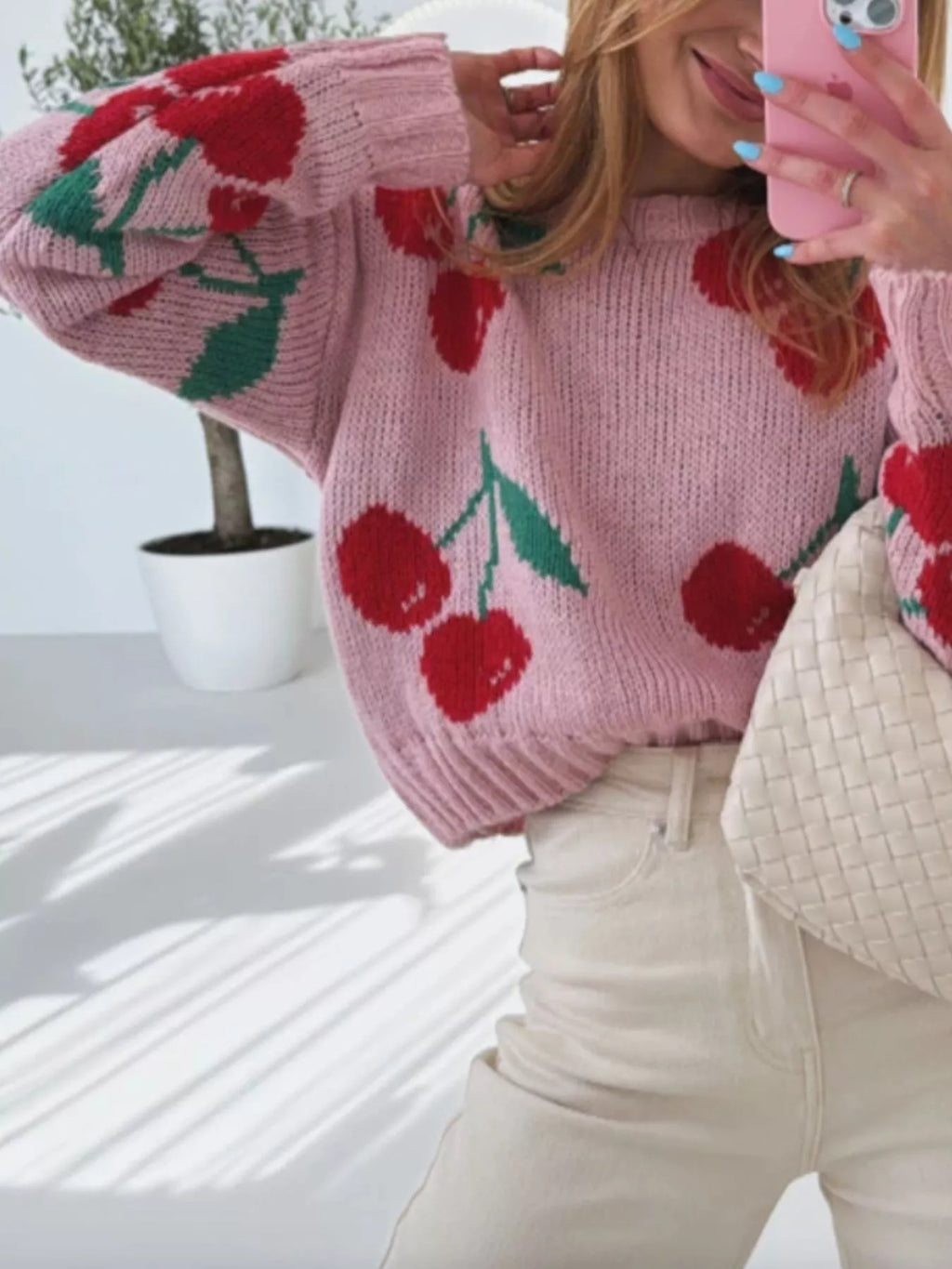 Women's Sweater Dusty Pink Cherry Pattern Knit Long Sleeve Pullover 00026eb5-c19f-4b6a-a7f0-d34d45f5cc1b-Max-Origin Trendsi