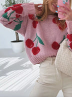 Women's Sweater Dusty Pink Cherry Pattern Knit Long Sleeve Pullover 00026eb5-c19f-4b6a-a7f0-d34d45f5cc1b-Max-Origin Trendsi