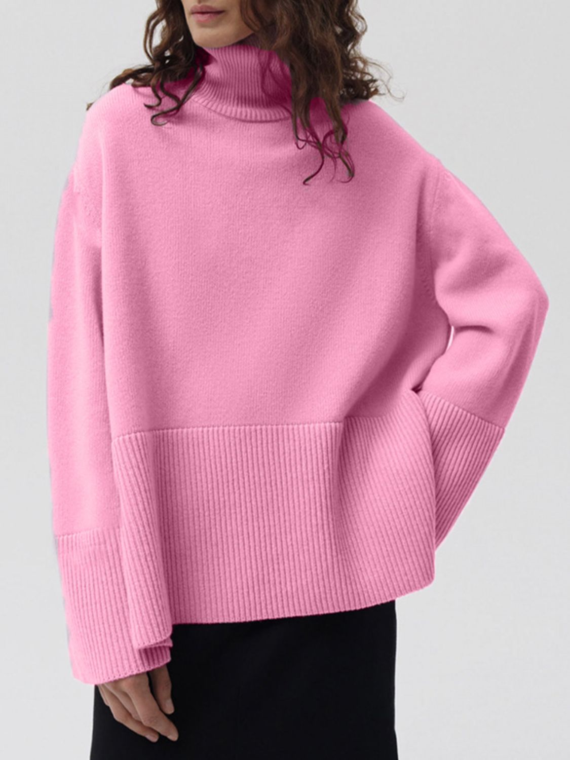 Women Sweater Side Slit Turtleneck Drop Shoulder Long Sleeve Soft Pullover Pink One Size 0004ab6c-e472-4054-8ab7-b823a513119b-Max Trendsi