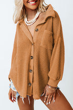 Waffle-Knit Women Shirt Collared Neck Long Sleeve Pocketed Single Breasted 001153a4-cc9d-434e-aa2c-6a433160bc24-Max Trendsi