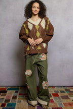 POL Sweater V-Neck Mocha Argyle Pattern Mohair with Contrast Exposed Stitch 00117087-e197-4828-b4ce-cb2a05a6afe3-Max-Origin Trendsi
