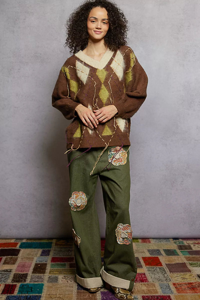 POL Sweater V-Neck Mocha Argyle Pattern Mohair with Contrast Exposed Stitch 00117087-e197-4828-b4ce-cb2a05a6afe3-Max-Origin Trendsi