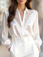Lace-Trimmed Satin Button-Up Shirt