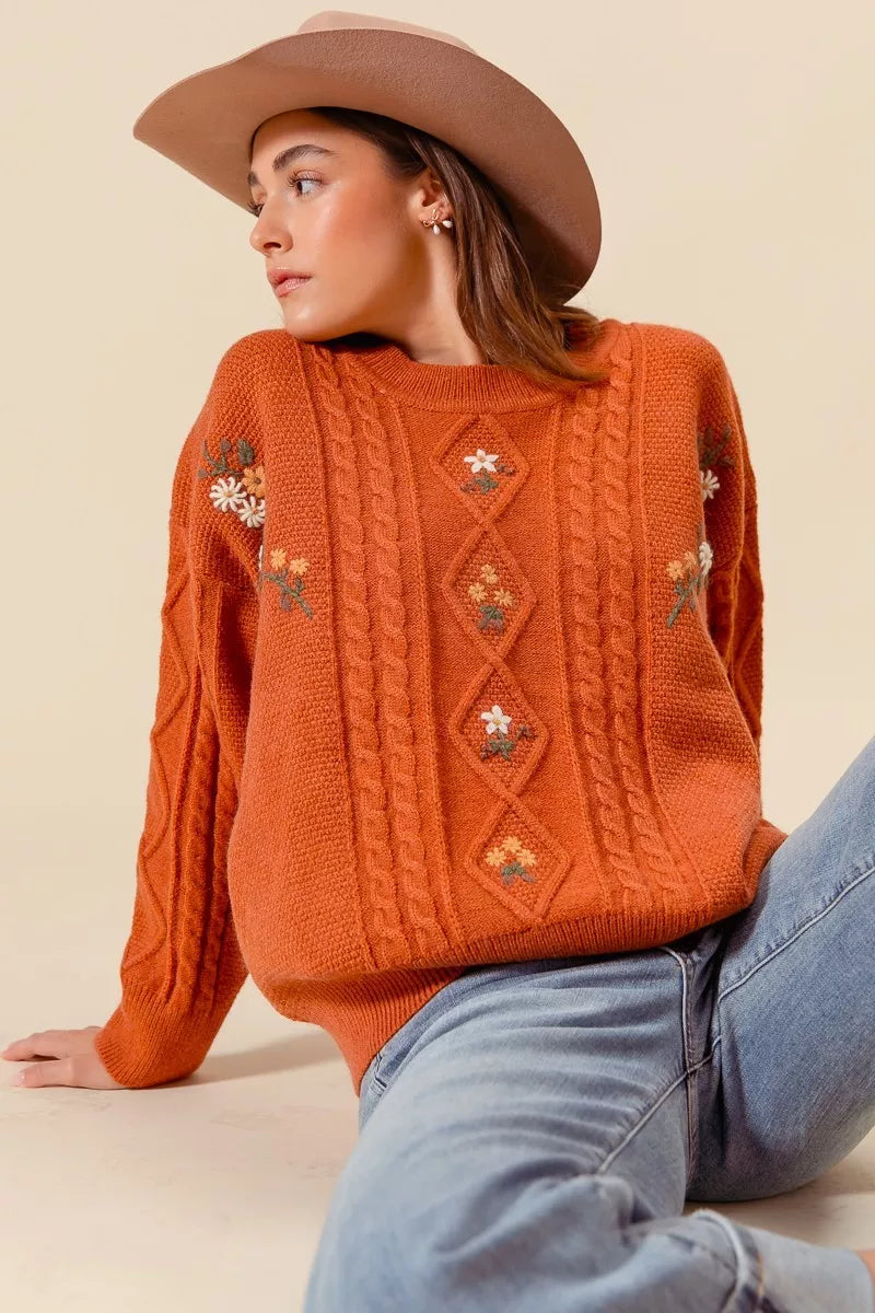 SO ME Womens Sweater Brick Orange Embroidered Flower Cable Knitted 0016678bb8514c3b8ea4a3971673247b-Max-Origin Trendsi
