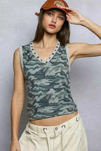 POL Camouflage Tank Top Cropped Studded V-Neck Blouse CAMO 0019dd40-ceca-461d-9d1c-c1ab6eb5b175-Max-Origin Trendsi