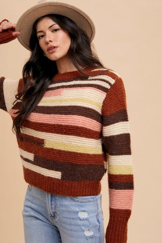 Annie Wear USA Sweater Chocolate Striped Color Block Long Sleeve 001a9ca4-b32b-4e4c-af32-973513917aac-Max Trendsi