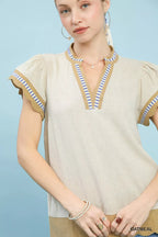 Umgee Blouse Oatmeal Contrast Scallop Trim Linen Cotton Top Short Sleeve 002464dc-9100-457e-a319-07143b10ab0d-Max-Origin Trendsi