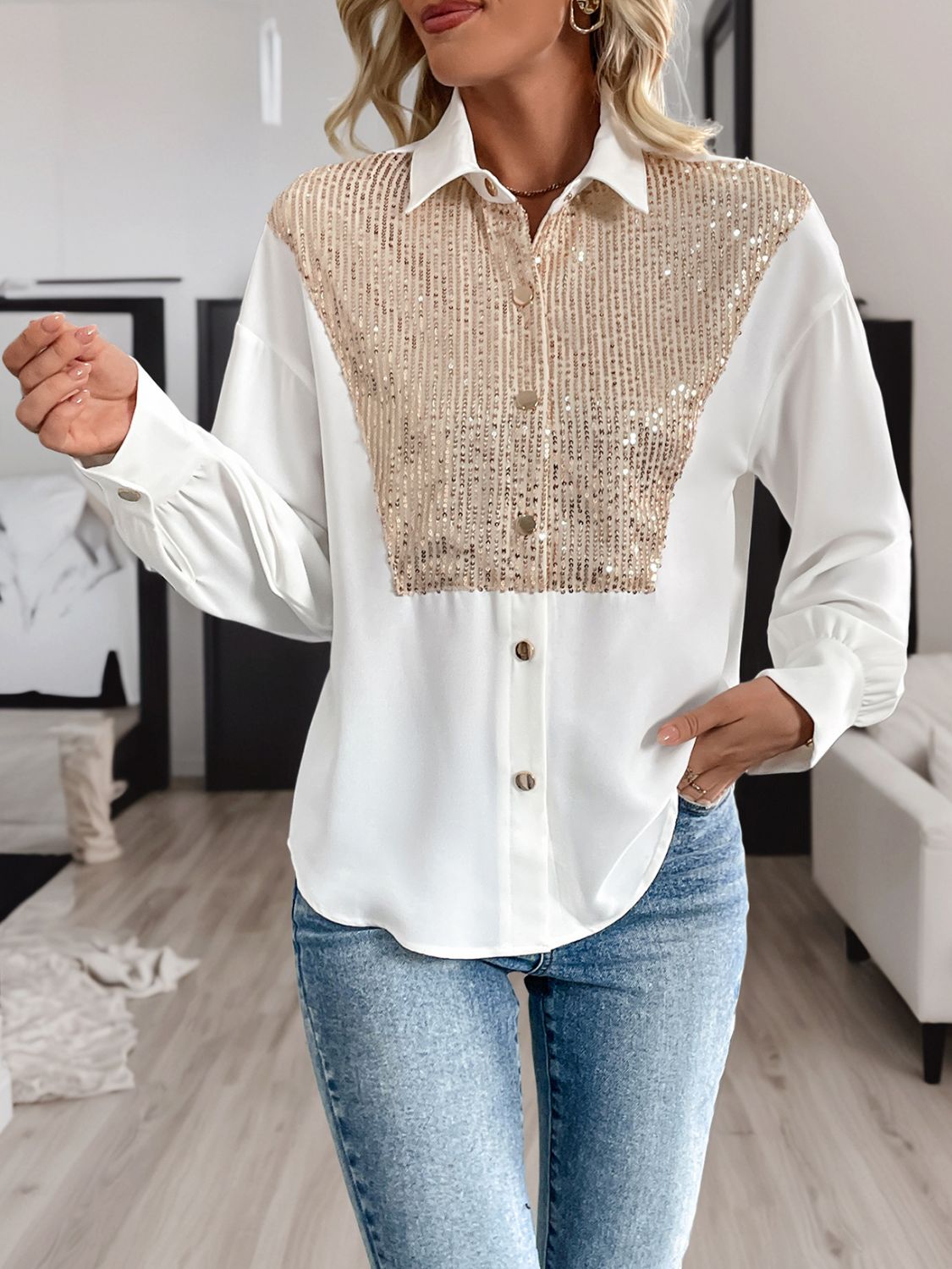 Perfee White Shirt Sequin Contrast Collared Neck Long Sleeve Women Blouse