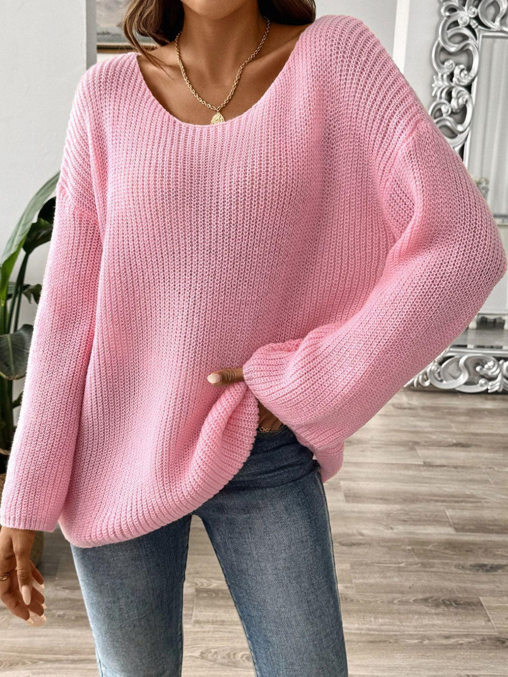 Sweater Oversized Round Neck Long Sleeve Knitwear Dusty Pink 0025c5a0-7155-4a48-b0f6-6ca1b16bbf5b-Max Trendsi