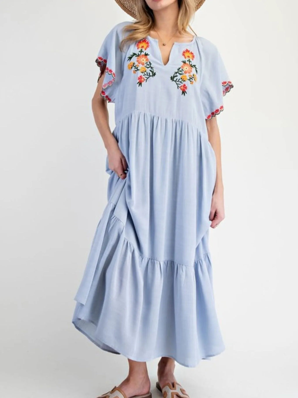 Midi Dress Floral Embroidered Notched Flutter Short Sleeve Ruffled Oversized Light Blue 00267d57-1745-4052-afae-c4fabe20b6ba-Max-Origin Trendsi